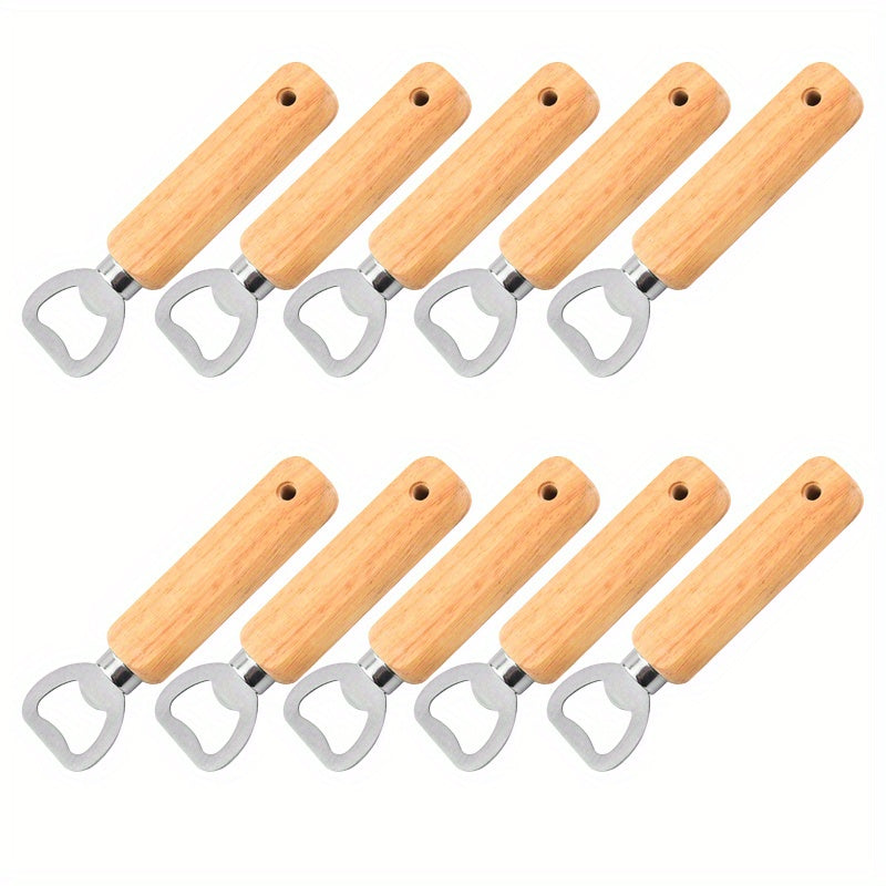 10pcs Wooden handle stainless steel bottle openers for beer, wine, and juice opening. Perfect for use in bars, pubs, clubs, restaurants, or at home as summer drinkware accessories.