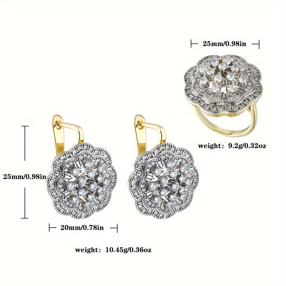 Stunning 18K Gold-Plated Copper Flower Earrings and Ring Set adorned with Synthetic Cubic Zirconia, Perfect for Women. Featuring a Luxurious and Elegant Dual-Tone Hollow Design, Ideal for Daily Wear or Wedding Events.