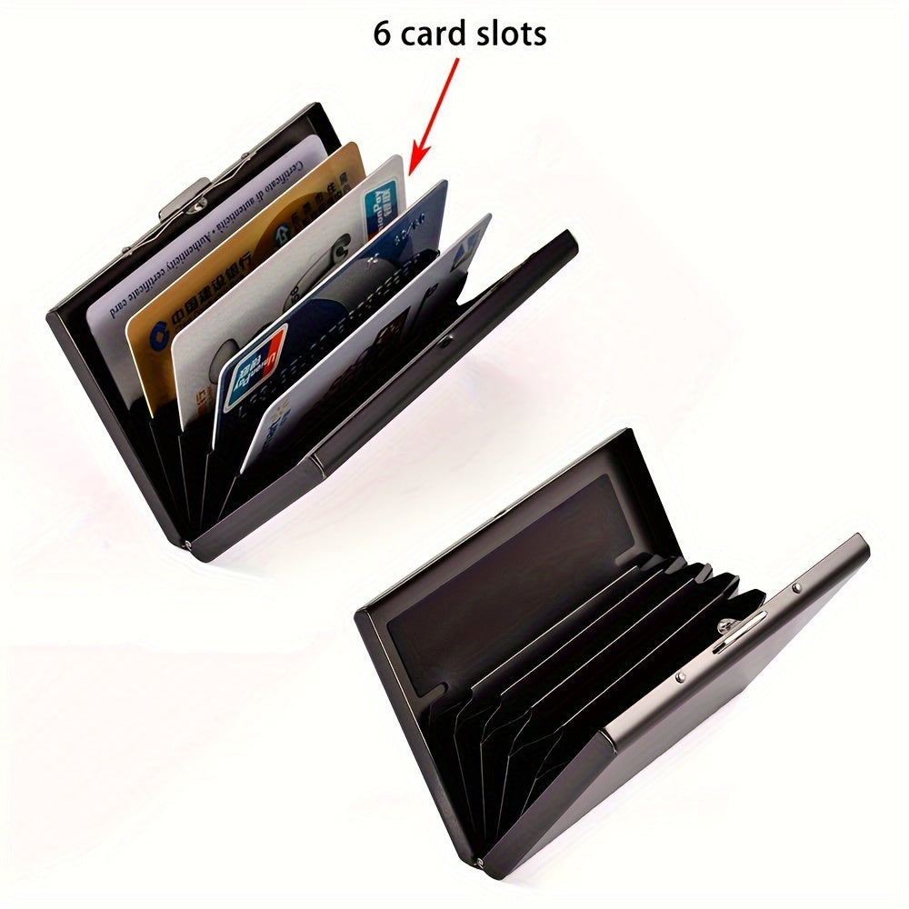 RRYJH Slim RFID blocking stainless steel credit card holder in professional black color, ideal for men and women. Features a 6-slot metal wallet design for holding business cards, ATM