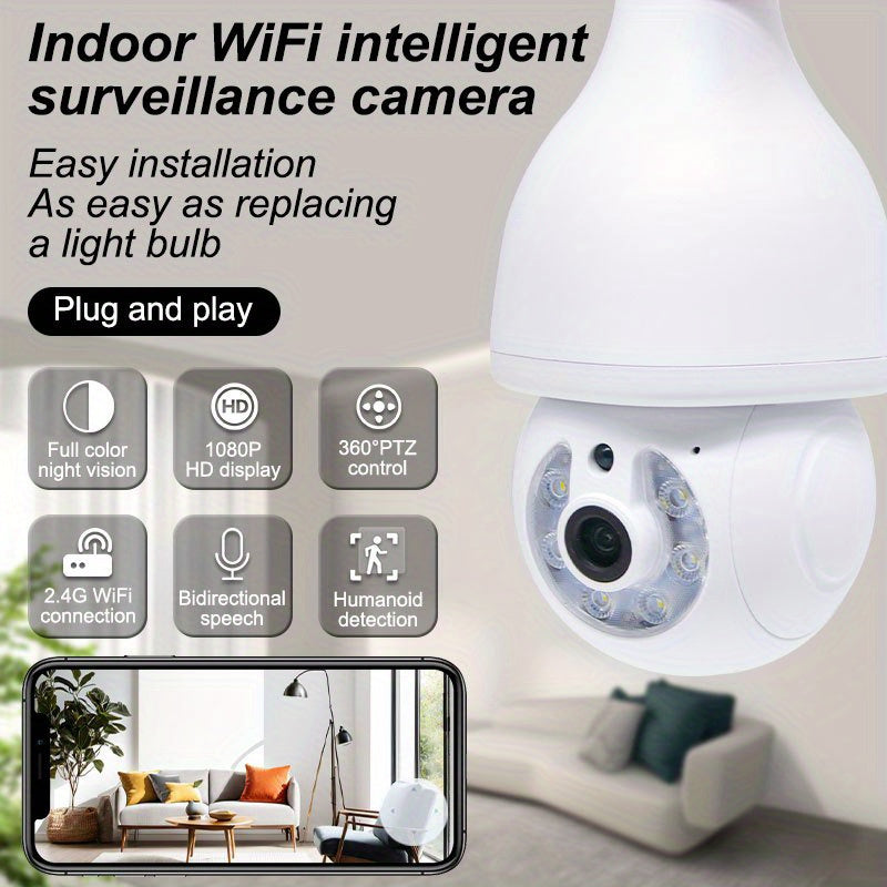 2MP WIFI wireless light bulb camera with intelligent safety features. This indoor and outdoor camera is equipped with 2.4GHz WiFi connectivity and fits in a standard E27 light bulb socket. The PTZ function allows for full 360 degree rotation, making it