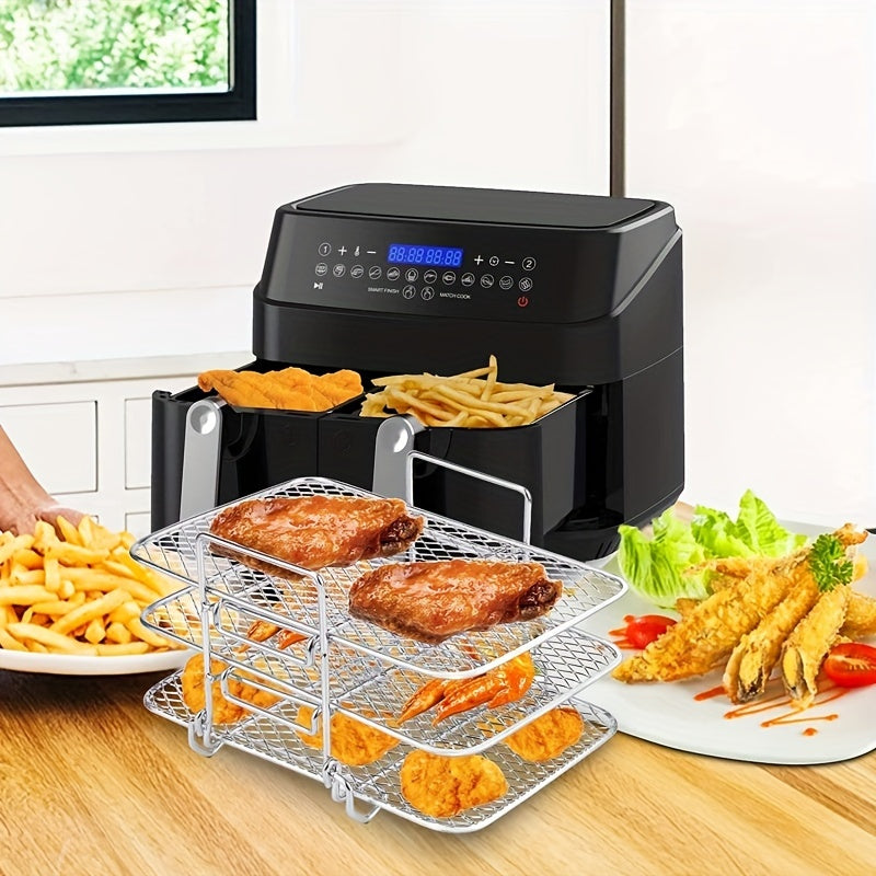 Enhanced Air Fryer Rack made of stainless steel, featuring a multi-tier dehydrator stand with a sleek, tight mesh and curved design. Easily stackable and removable, compatible with NINJA Fryers. Includes an oil brush for added convenience.