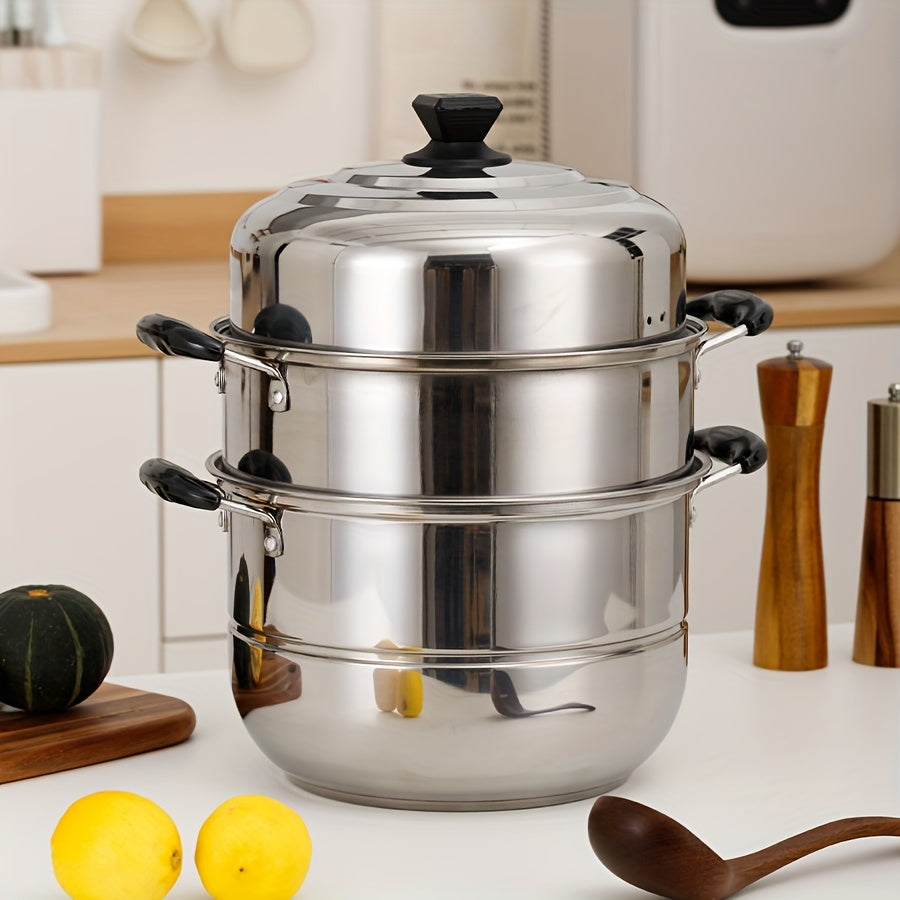 This durable 4-piece Stainless Steel Steamer Set features a 3-tier stackable design for both steaming and cooking. The set includes a soup pot, steamer rack, steaming tray, and lid, all designed for even heat distribution. The anti-scald electric wood