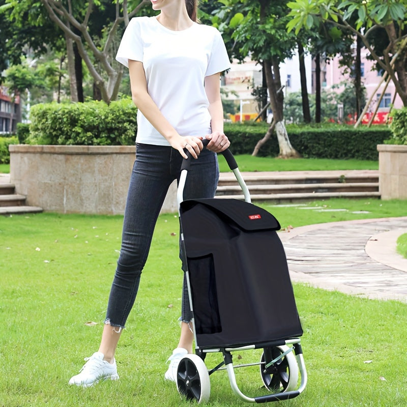 Portable folding shopping cart made of aluminum and plastic with detachable storage box. Ideal for grocery shopping, moving, or camping. No electricity required. Features sturdy