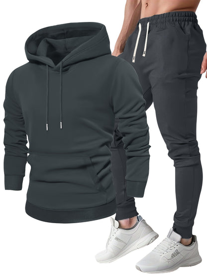 Men's Casual Sportswear Set - Solid Color Hoodie & Joggers, Polyester Blend, Machine Washable - Ideal for Spring/Fall