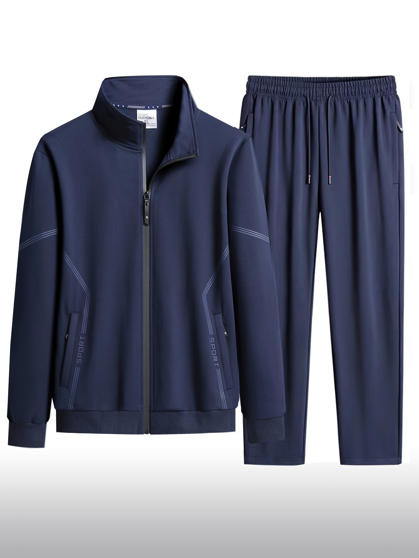 Men's casual sportswear set: Polyester, machine washable, solid color with pockets. Includes spring/fall collared jacket and joggers outfit.