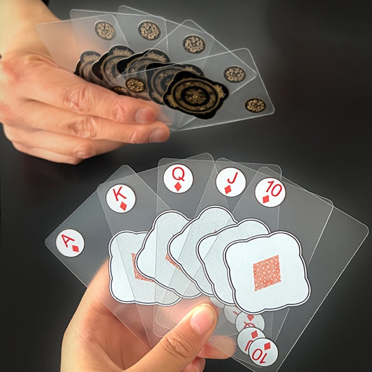 Waterproof transparent plastic playing cards with creative crystal design. Durable PVC material, suitable for ages 14+. Ideal for board games and classic card games.