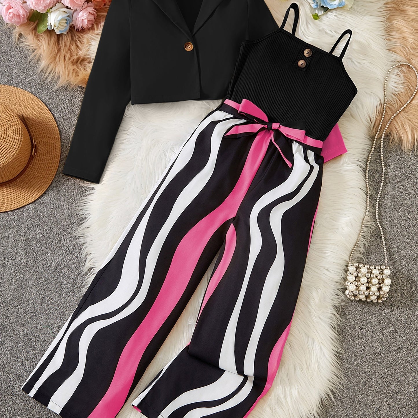 Girl's outfit includes a long sleeve short blazer, camisole, and striped jumpsuit set with belt. Stripe pattern is random. Perfect for outdoor wear.