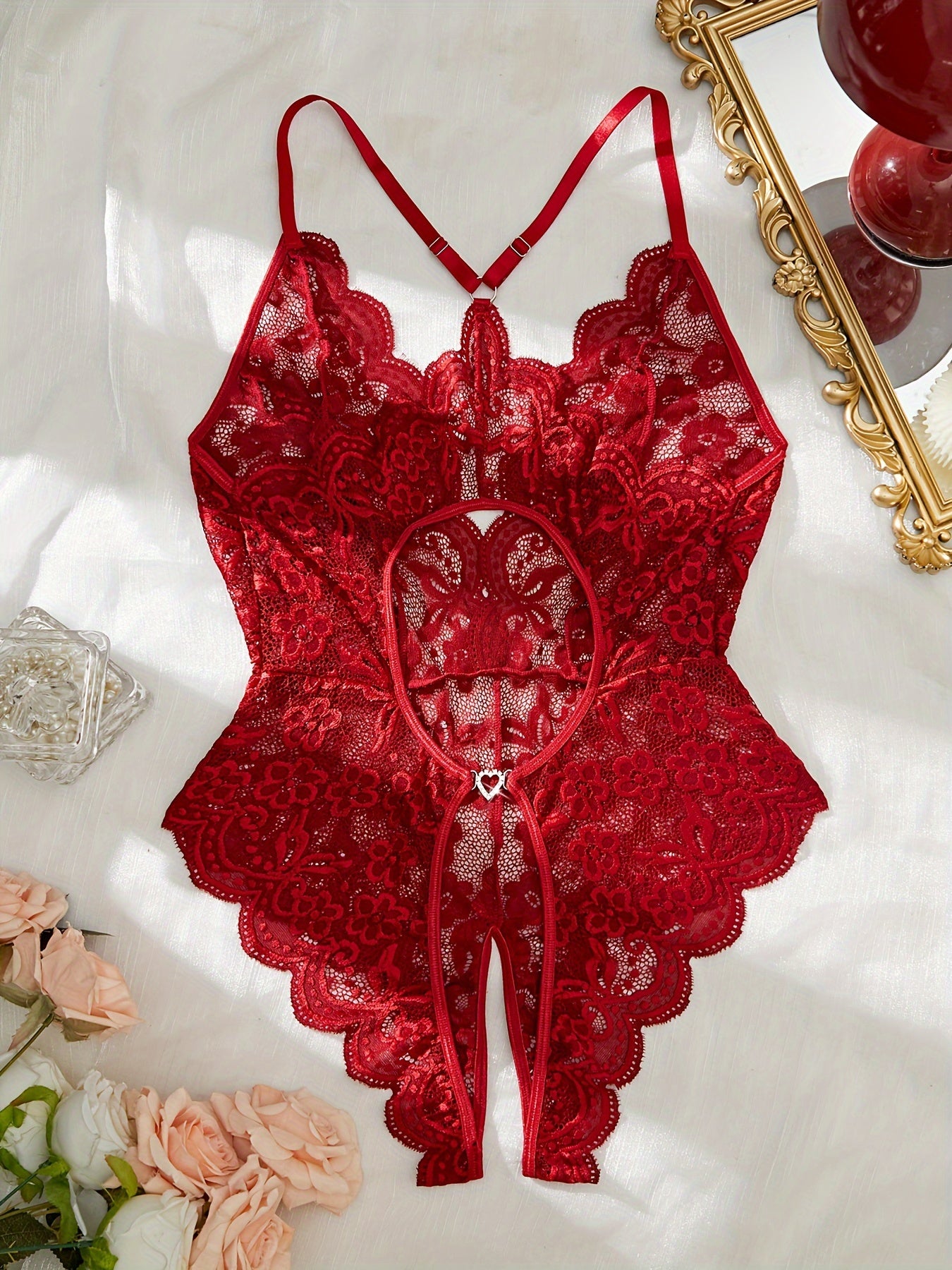 Bakli Elegant Red Lace Bodysuit: Vintage-inspired, stretchy teddy with floral patterns and scalloped trim, hand washable.