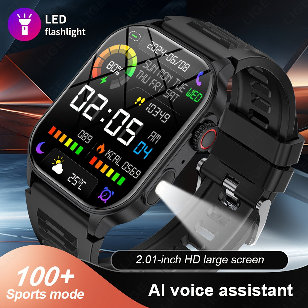 LIGE Smartwatch with 5.2 Wireless, 2.01in Screen, 370mAh Battery, Step Counting, Voice Assistant, Weather Forecast, Reminder, Remote Control, Photo Taking, Light, Sleep Monitoring.