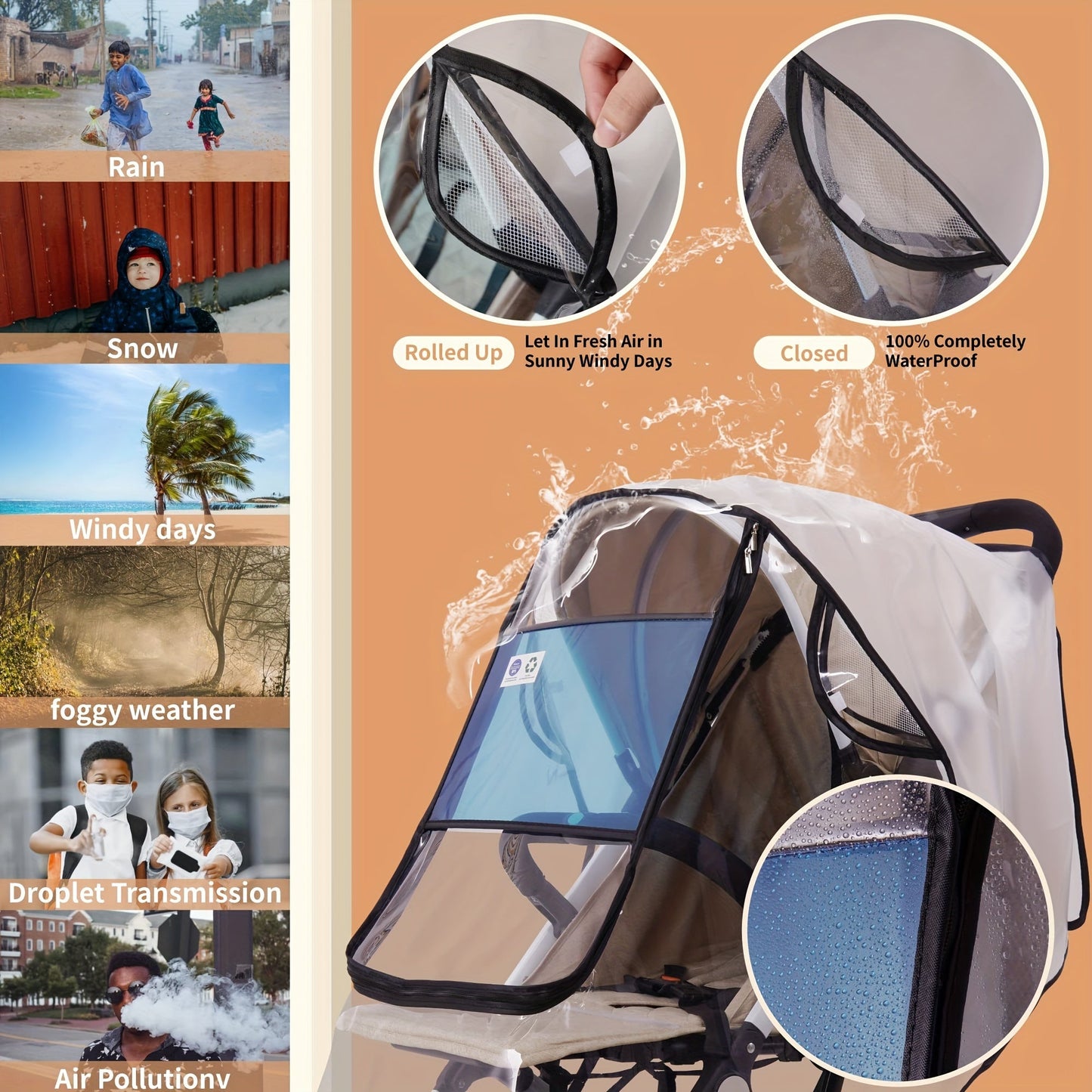 Protect your little one from the elements with the Stroller Rain Cover - a universal stroller accessory that shields your child from wind, rain, snow, and dust during travel. The waterproof and windproof design ensures your little one stays dry and cozy