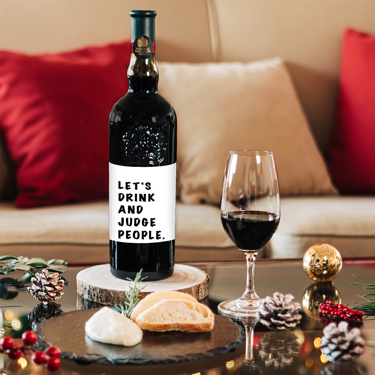 4 funny wine bottle labels with "Let's Drink and Judge People" quote, perfect for parties and as a gift for wine enthusiasts.