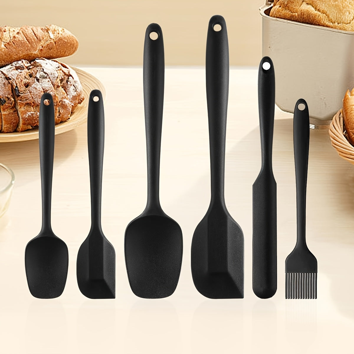 Set of 6 Black Silicone Spatulas with Brush - Made from Food Grade, Heat Resistant, and BPA-Free Material - Perfect for Baking, Cooking, and Mixing - Great for Holiday Gatherings and Daily Use in the Kitchen - Includes Baking Accessories - Features a