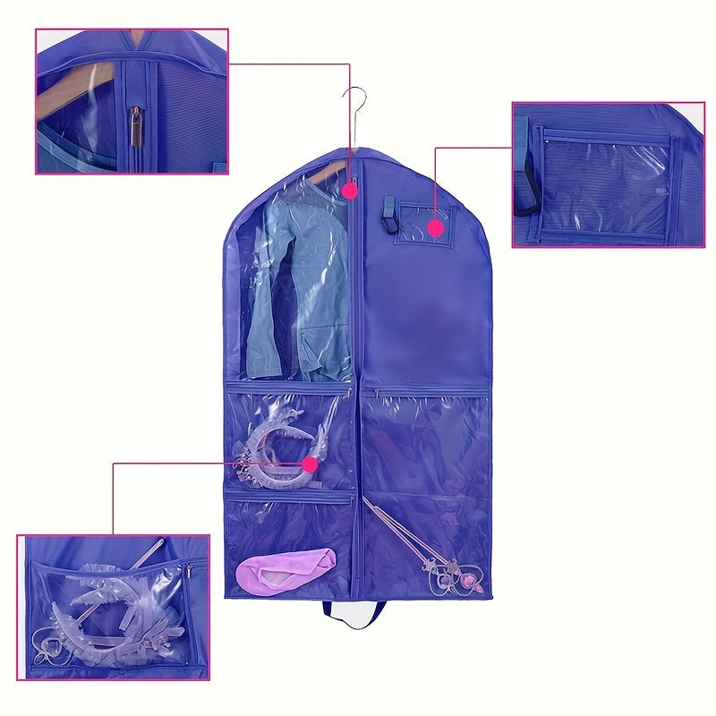 Durable costume dust cover bag with storage pouches, featuring a hanging design for suits and coats. Designed with a window and zipper for easy access, this household organization tool helps save space in the bedroom, bathroom, office, closet, wardrobe