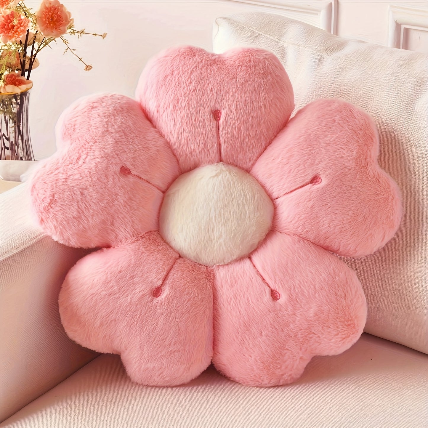 Plush daisy flower throw pillow for bed and sofa, white/pink, 34.8 cm, polyester fabric, adorable floral design, cozy decoration. Ideal for bed or couch.