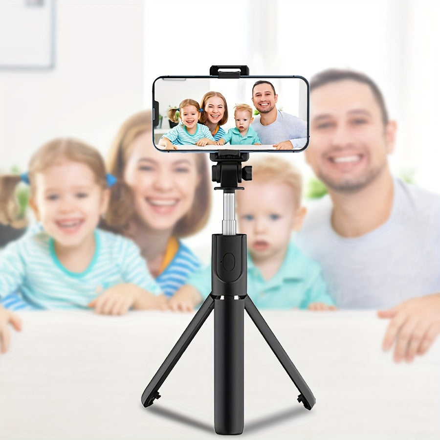 Portable wireless selfie stick tripod with remote control, 360° rotation, extendable up to 70cm, fits iPhone/Samsung/Android, battery-powered with non-rechargeable button battery, made of