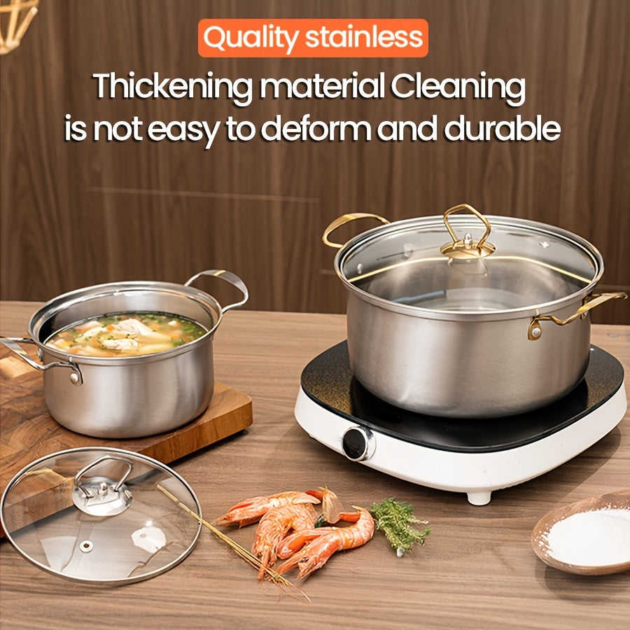 This set includes 10 stainless steel pots in various sizes (15.98cm, 17.98cm, 20.5cm, 22.2cm, and 24.18cm). Each pot comes with a matching lid, making it a total of 5 pots and 5 lids. The pots feature stainless steel double handles for easy handling and