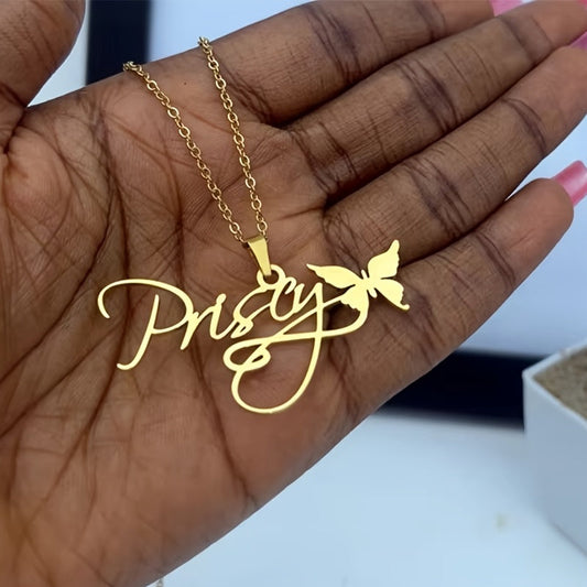 Customized 18K Gold-plated Butterfly Name Necklace for Her: Featuring 316L Stainless Steel, Removable Ribbon Heart Nameplate, Chic Party Look, Perfect for Everyday or Vacations, Ideal Christmas Present, Versatile Jewelry for any Occasion.