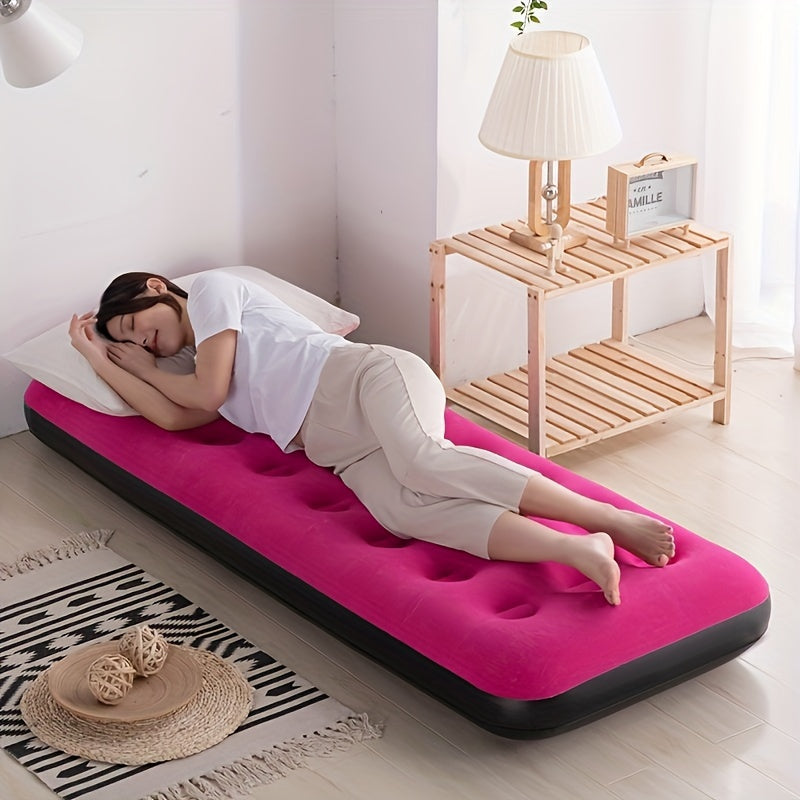 Red inflatable velvet air bed for camping or home use, supports up to 200kg without need for electricity or pump.