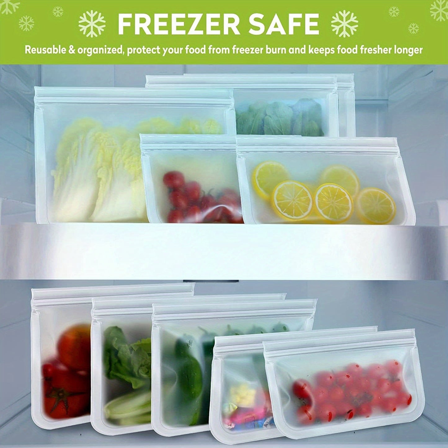 Dishwasher Safe Reusable Freezer Bags - Set of 10, BPA-free and Extra Thickened. Leakproof Silicone and Plastic Free Storage Bags for Meats, Cereal, Sandwiches, Snacks, and Organizing Your Kitchen. Includes Kitchen Accessories for Easy Storage.