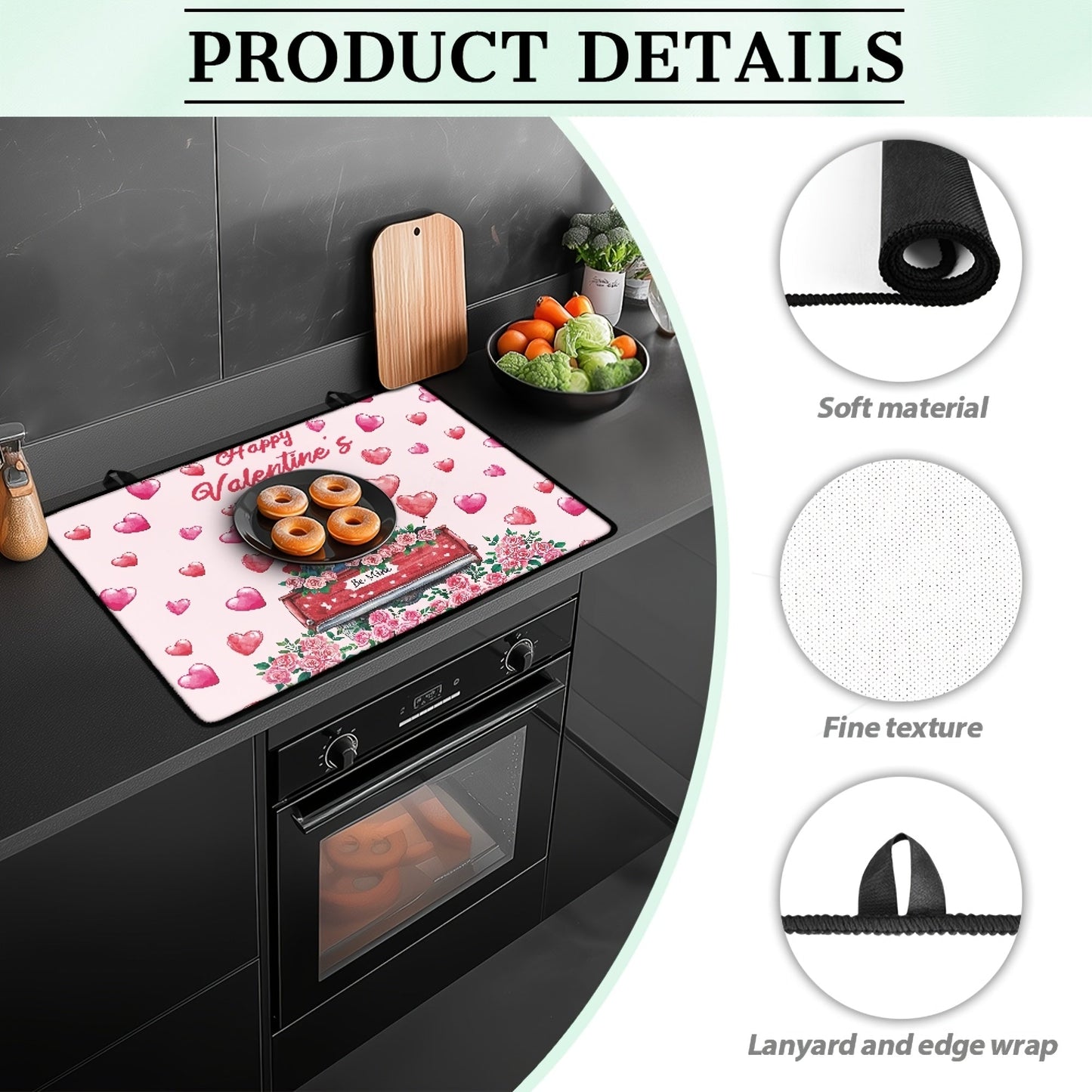 Valentine's Day-inspired stovetop cover featuring a charming gnome and heart design. Made with heat-resistant non-slip material to protect glass and ceramic surfaces from scratches. Perfect for coffee stations, kitchen decor, and more. Easy to wash and