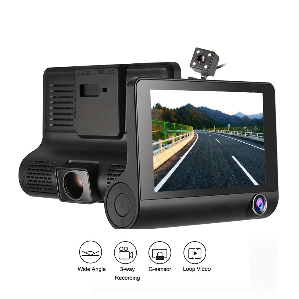 Dual dash cam with front and rear HD night vision, interior camera, suction mount, 720p video, push button control, rechargeable battery, universal driving position, laptop compatible.