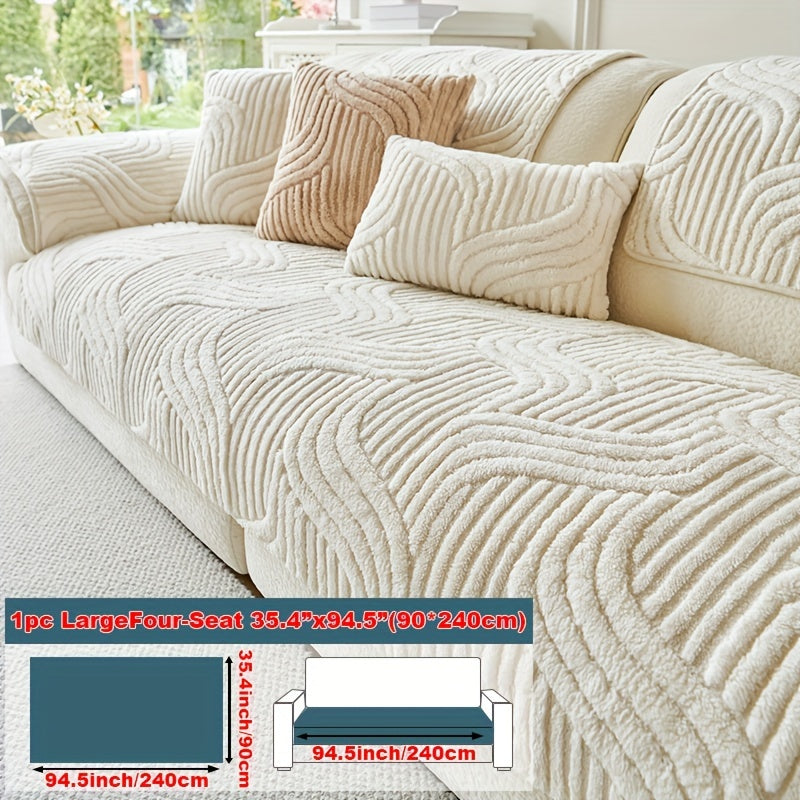 Plush non-slip sofa cover made of pet-friendly breathable polyester fabric. Modern luxury design suitable for living room, bedroom, or office. Machine washable and available in 250-300g square kilogram weight.