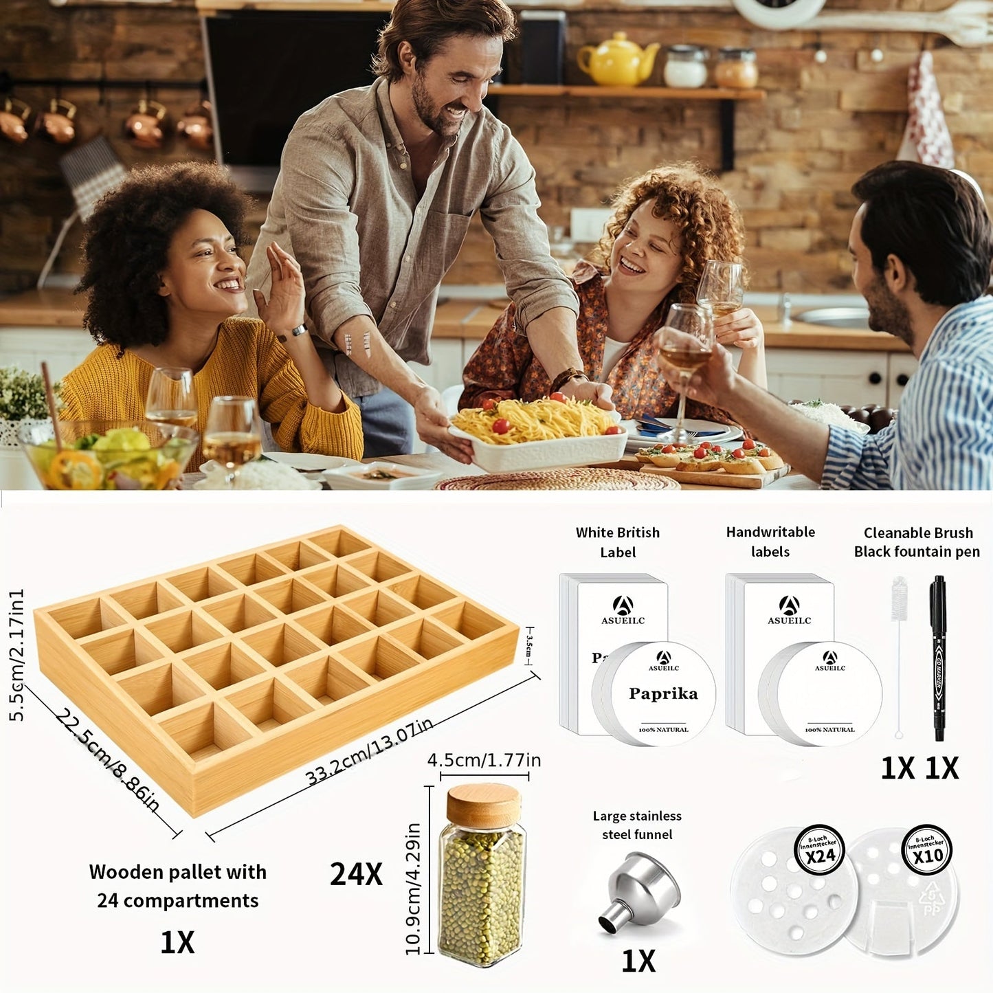 The spice rack includes either 12 or 24 jars with bamboo lids, as well as a bamboo drawer organizer complete with attached waterproof adhesive labels specifically designed for English herbs, spices, and condiments for convenient and easy access.