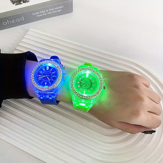 New Luminous Student Electronic Watch with Rhinestones, Candy Color - Perfect New Year Gift for Teenagers.