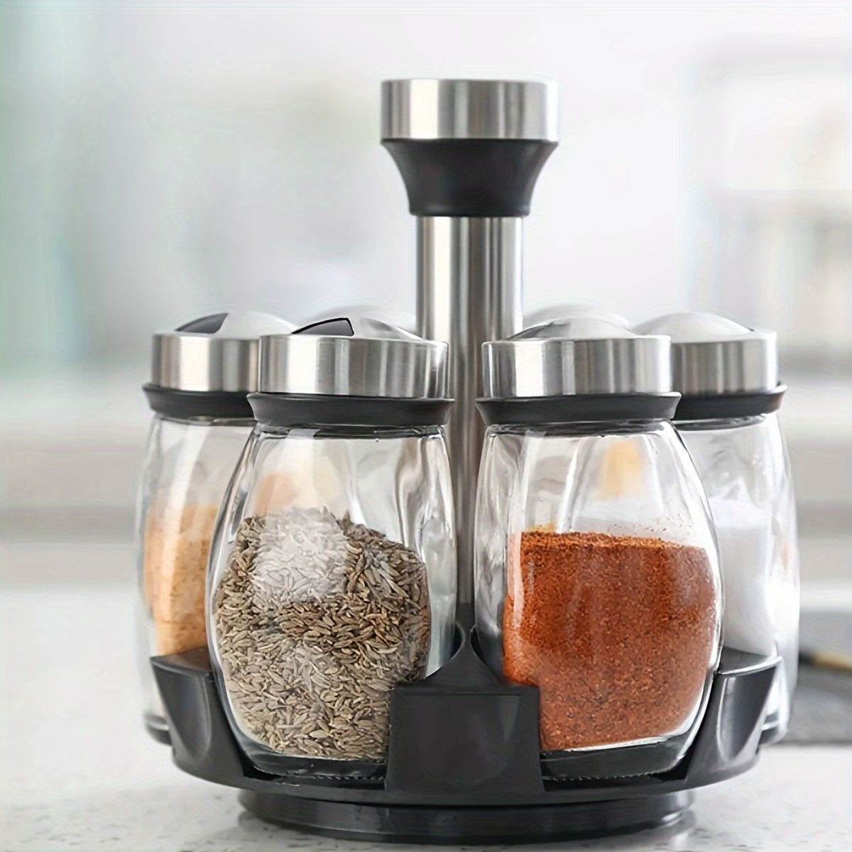 7pc Glass Spice Jar Set with Rotating Organizer - Includes Salt, Pepper, Sugar Shakers - Ideal for Kitchen Storage