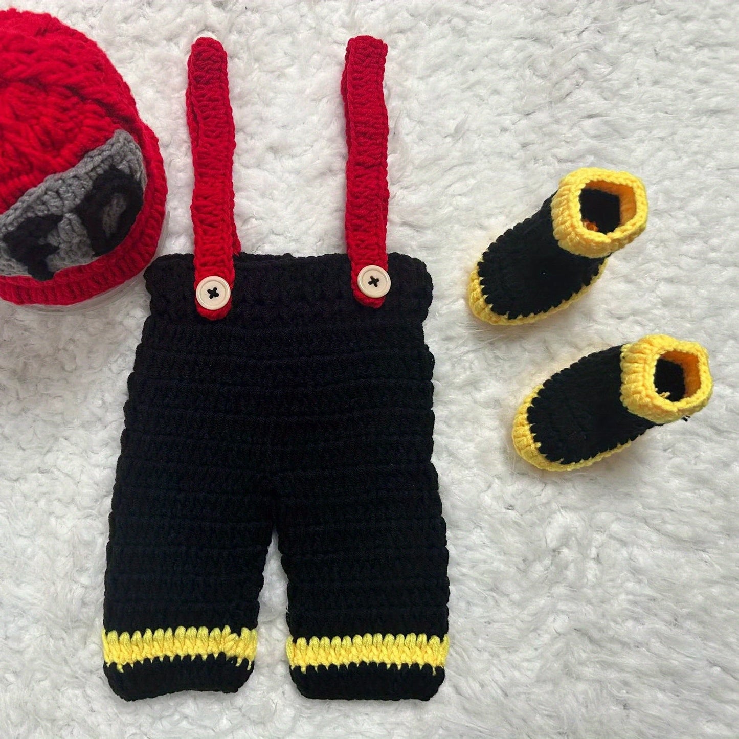 Set of 3 FD Firefighter Newborn Baby Photography Props, including crochet yarn hat, overalls, and boots.