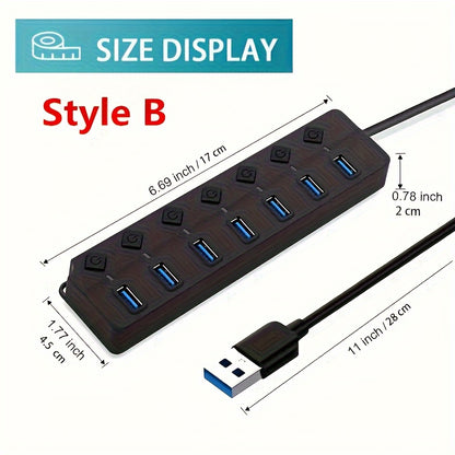 1pc USB Adapter Hub with 7 or 4 Ports, LED Light and Power On/Off Switch for PC or Laptop