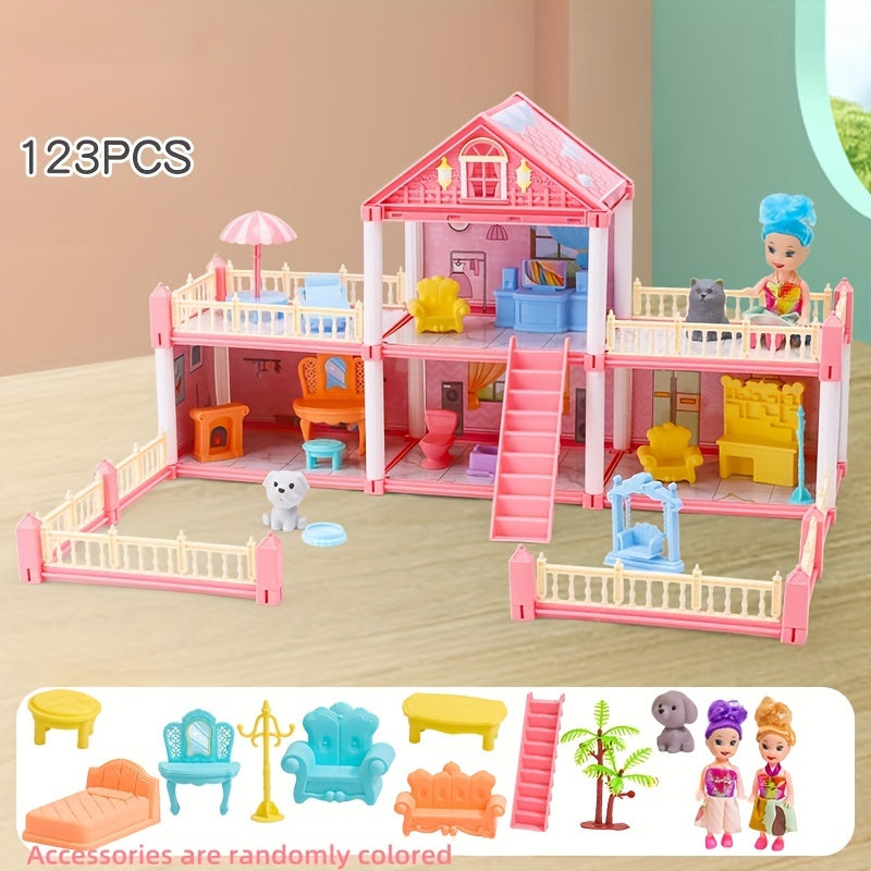 Girl playing with a dollhouse toy set in a children's simulation room, resembling a princess castle villa; ideal as a birthday gift.