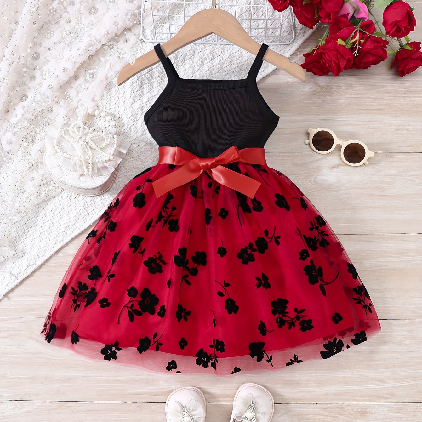 Girls Splicing Flower Graphic Cami Tutu Dress for Summer Party Gift