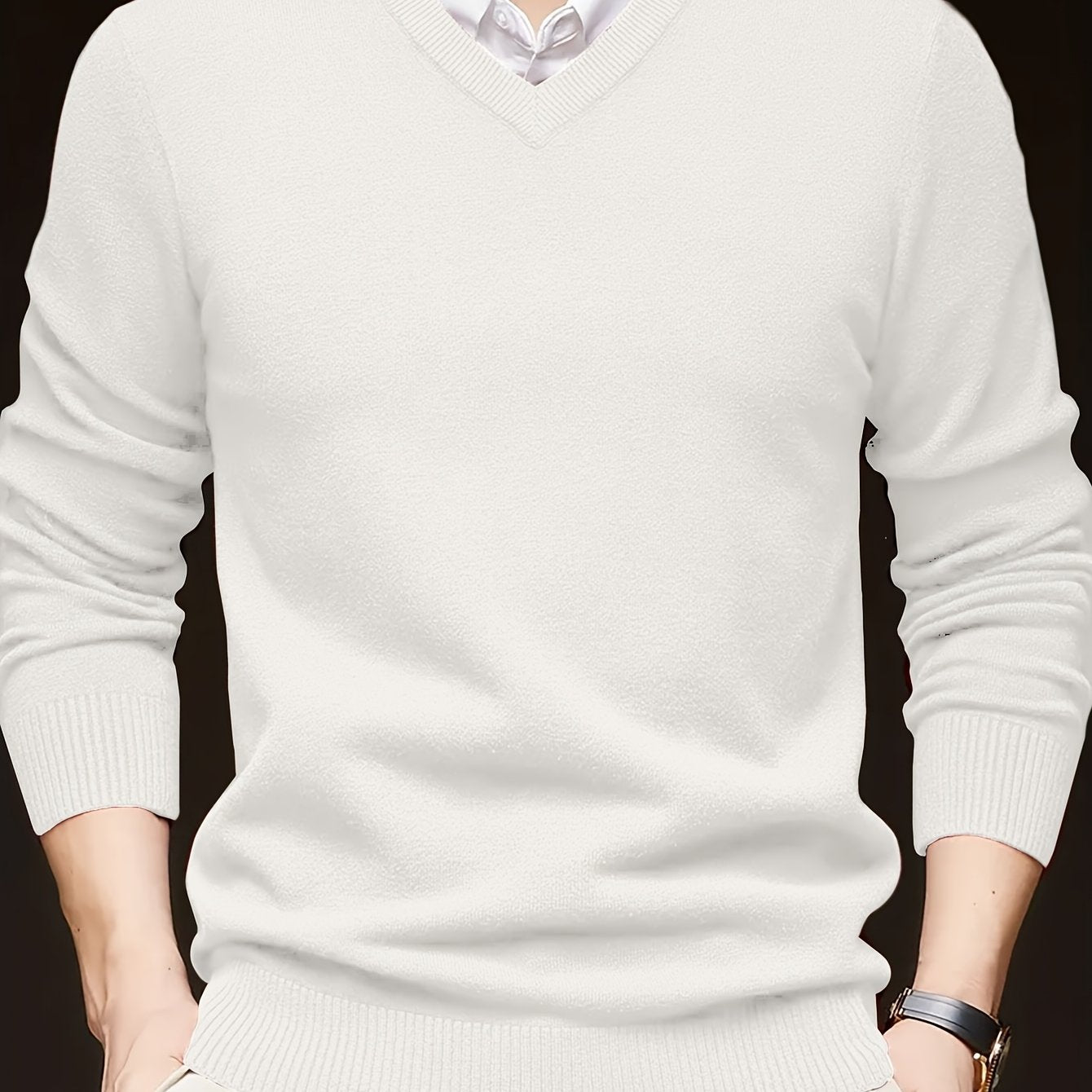 Solid color V-neck knit sweater for men, casual trendy long sleeve pullover, great as a gift.