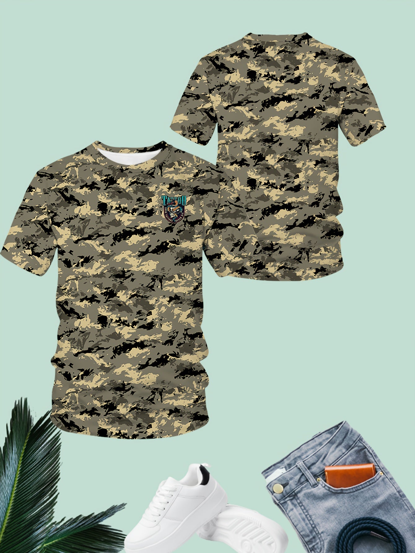 Regular fit camo print tee for plus size men with tattoo art design, suitable for casual, sports, and party wear.