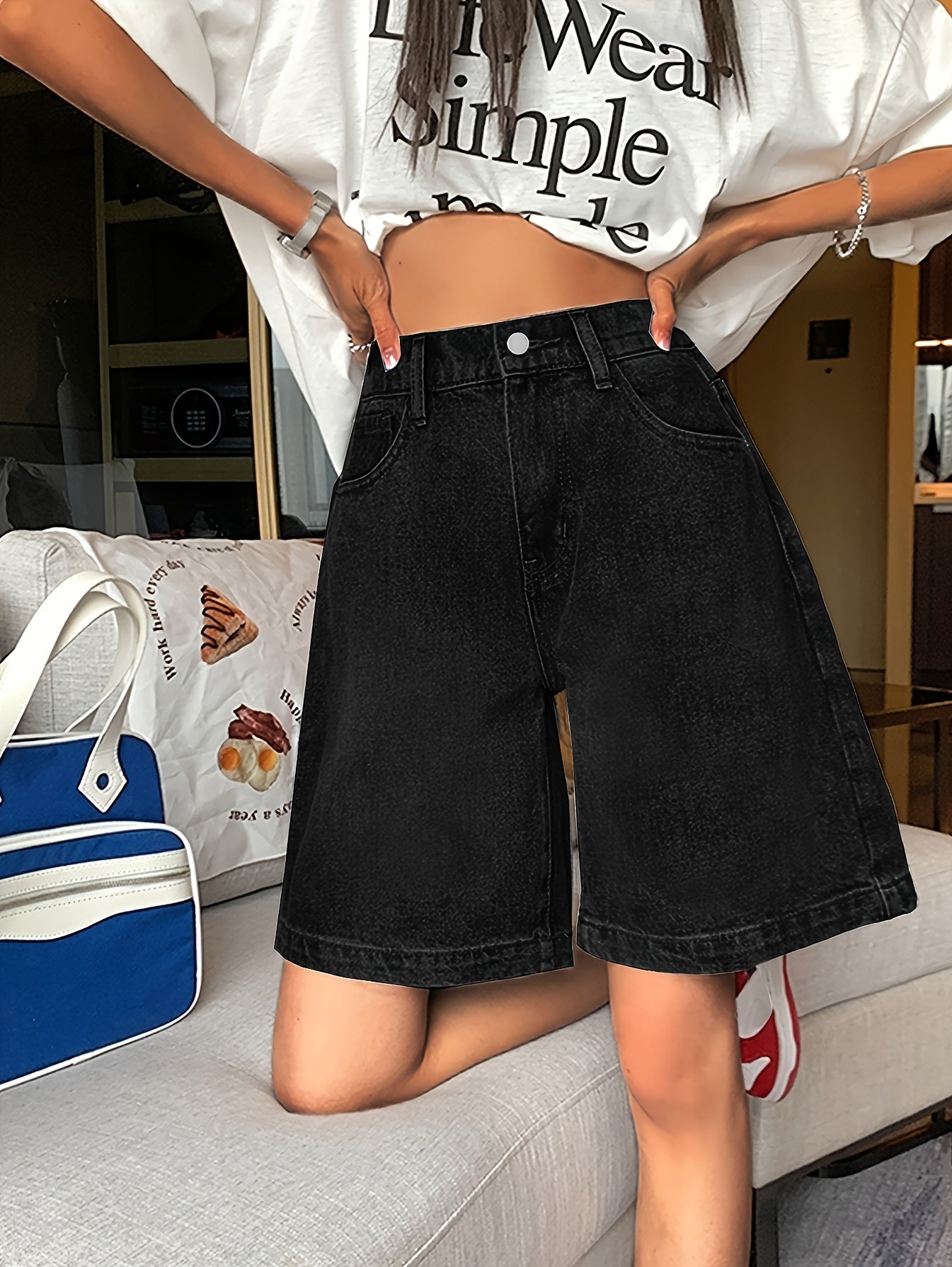 Summer high-waisted denim pants with elastic waist and wide-leg design for versatile styling.