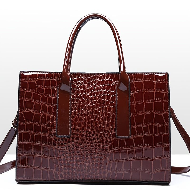 Stylish crocodile pattern handbag, great for travel or gifting, with spacious interior and versatile carrying choices.