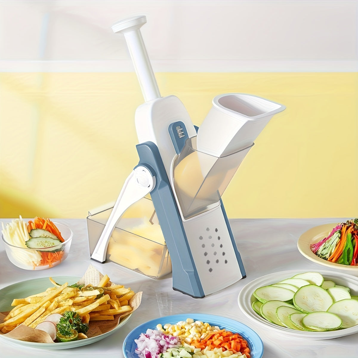 Manual vegetable chopper and slicer with interchangeable blades, made of stainless steel and plastic. A safe and easy-to-use kitchen gadget for chefs at home. Suitable for cutting fruits, vegetables, potato chips, and dicing onions.