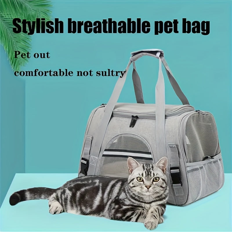 Portable pet bag with four-sided breathable design, includes fur mat, can be used on suitcase or as single shoulder pet bag. Collapsible and transparent, suitable for both cats and dogs.