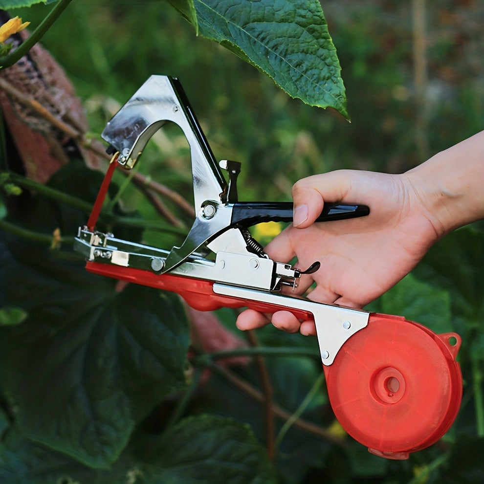 Plant tying machine for various plants like grapes, raspberries, tomatoes, vining vegetables, and flowers.