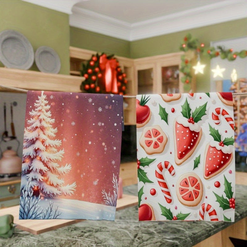 Pamper your kitchen with this 2-Pack of Soft Polyester Kitchen Towels, each measuring 45.72x66.04 cm. Featuring a Contemporary Christmas Theme, these machine washable towels are woven for durability and designed in a rectangular shape. These SoftTouch