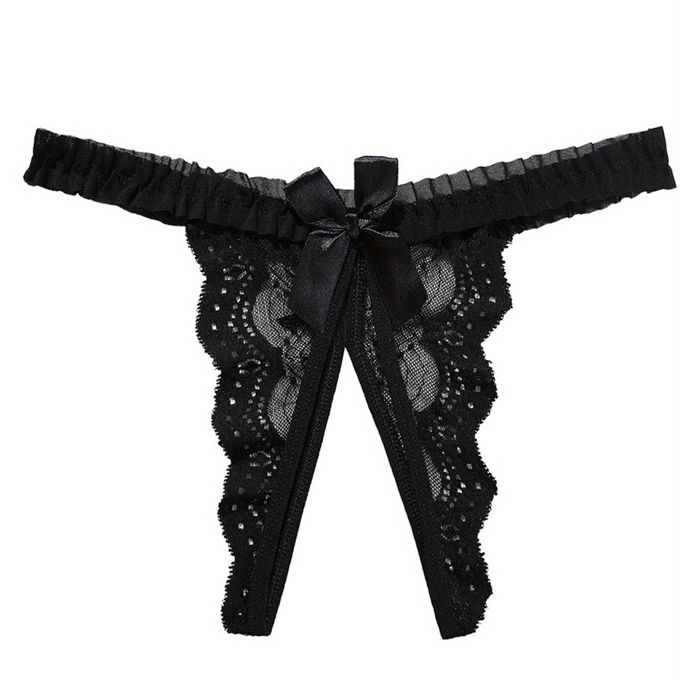 Stylish crotchless thongs featuring a solid bow decor and jacquard lace for a sexy and comfortable option in women's lingerie.