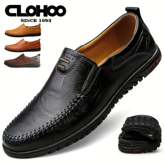 Men's black loafers with split leather upper, soft sole, and casual style suitable for all seasons. Features PU inner lining and rubber outsole.