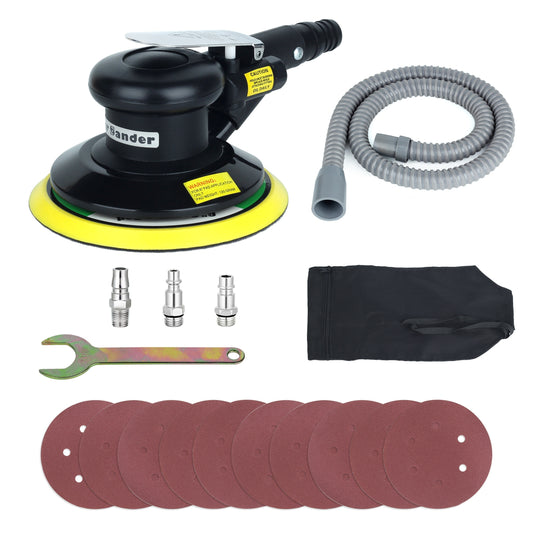 6-inch professional pneumatic hand type random sander with double action and sand pad for varying particle sizes.