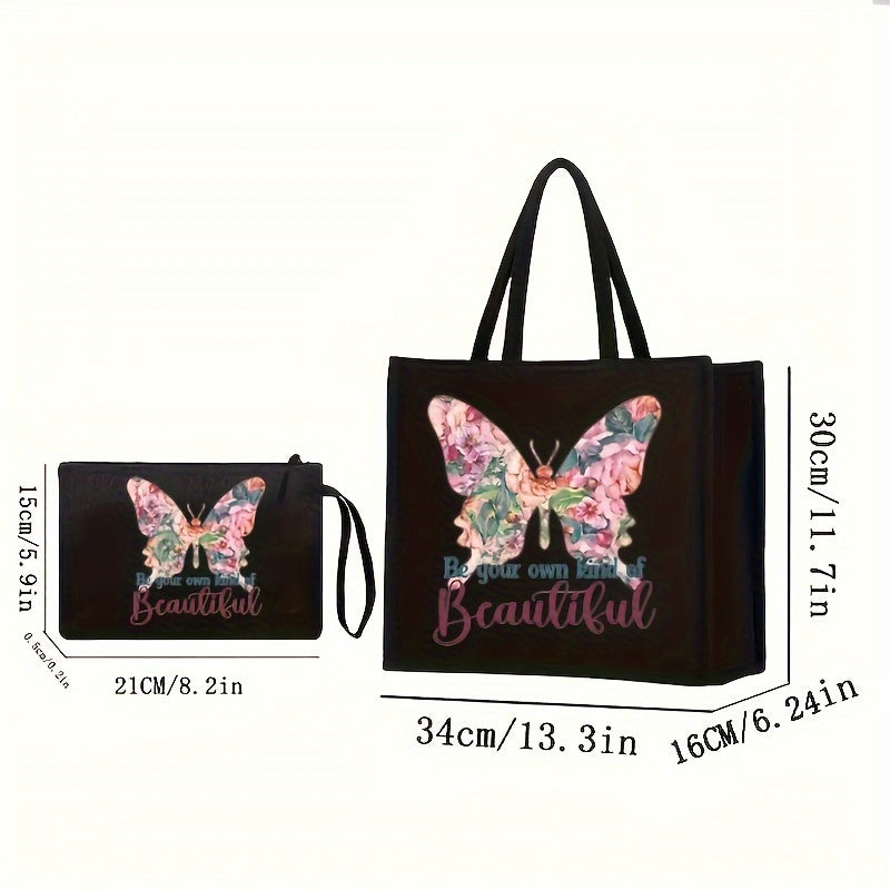 2-piece set consisting of a canvas tote bag with wallet, featuring butterfly and floral print, foldable and durable, fixed shoulder straps, polyester lining, kiss lock closure, geometric