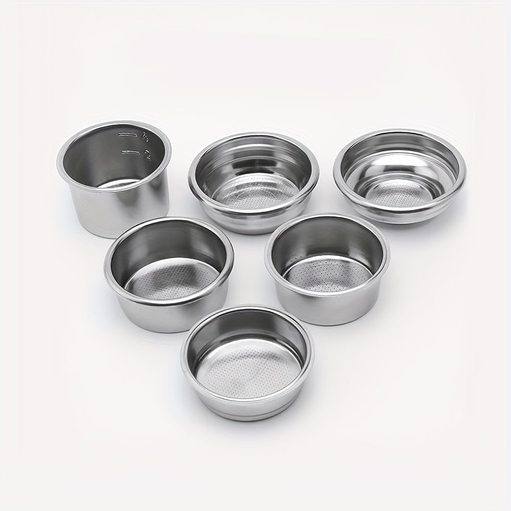 Set of reusable stainless steel coffee filters for espresso machines, includes 51mm non-pressurized basket for 1 cup, 2 cup, and 4 cup capacity.