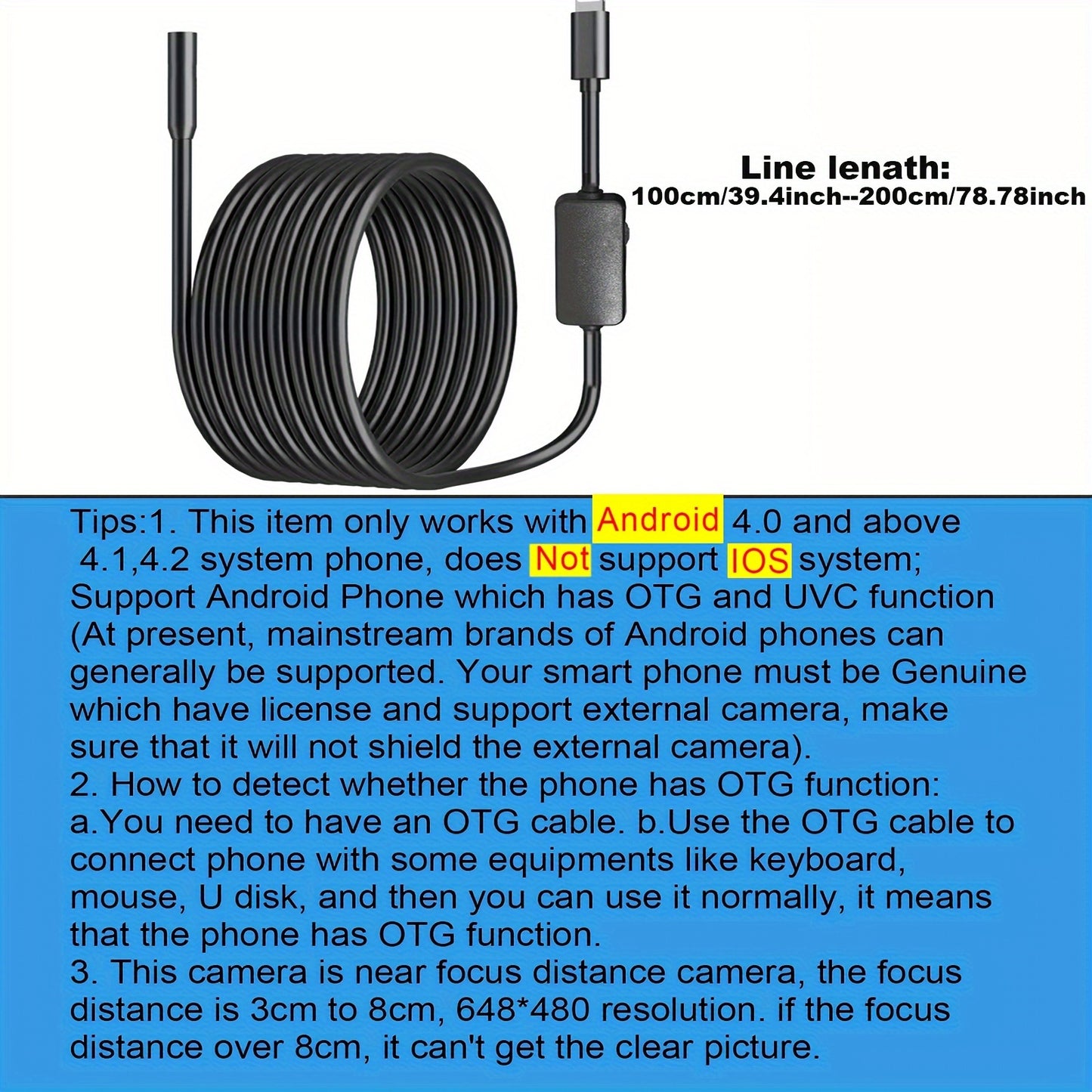 1m/2m adjustable soft wire endoscope camera with 7mm diameter, compatible with Android Type-C USB. Suitable for car inspection with 640*480P resolution.