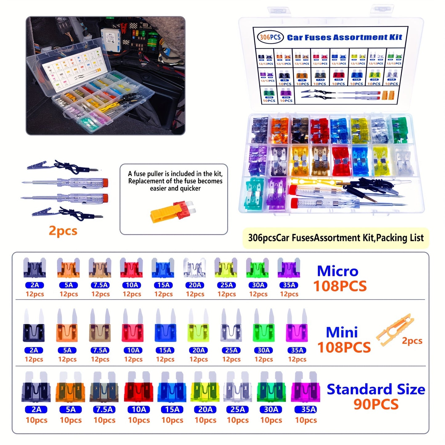 Car blade fuse assortment kit with multiple specifications ranging from 2A to 40A, suitable for various vehicles. Includes a box for storage.