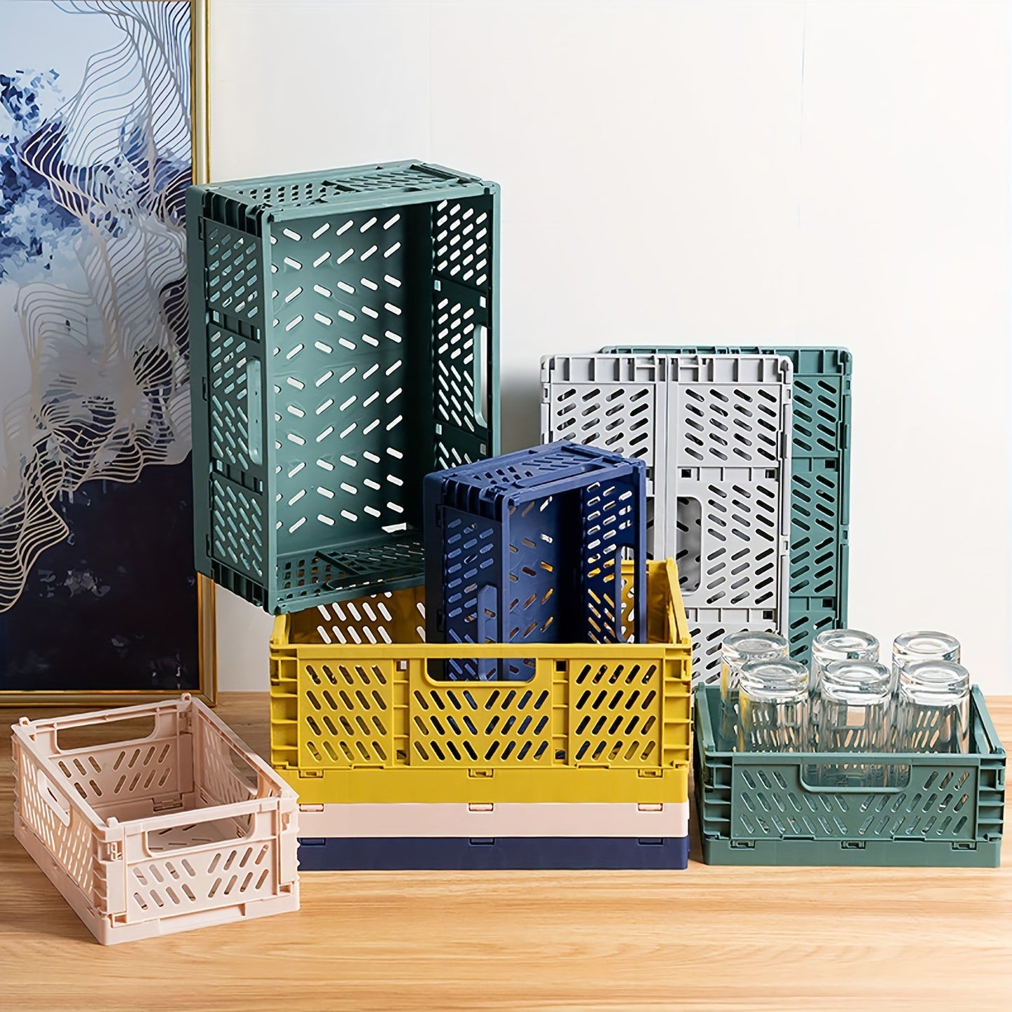 2-Pack Plastic Folding Storage Baskets with Handles, Stackable Organizers for Home - Mixed Color