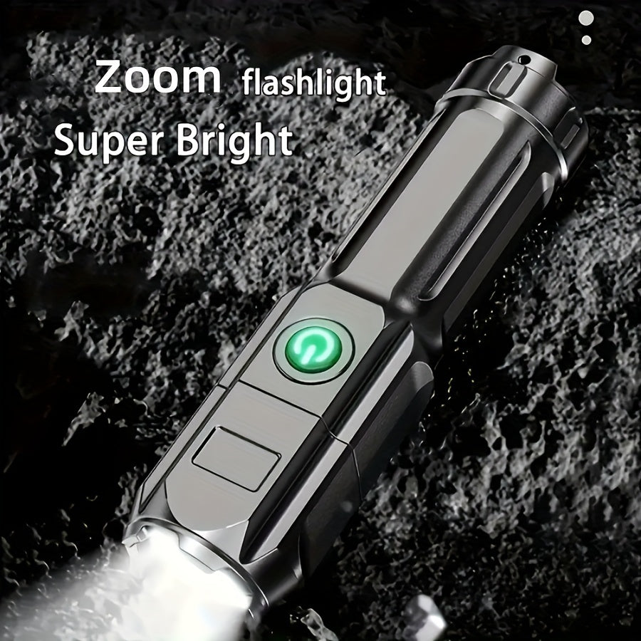 Compact and portable LED flashlight with USB charging, ideal for outdoor adventures and home use. 800mAh battery included.